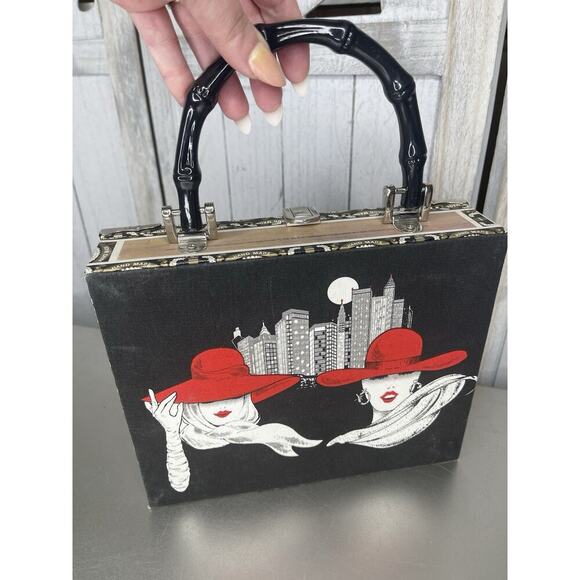 Vintage Black Cigar Box Purse Ladies NIGHT OUT Bamboo Handle Hand Bag Red Hat - Picture 3 of 7